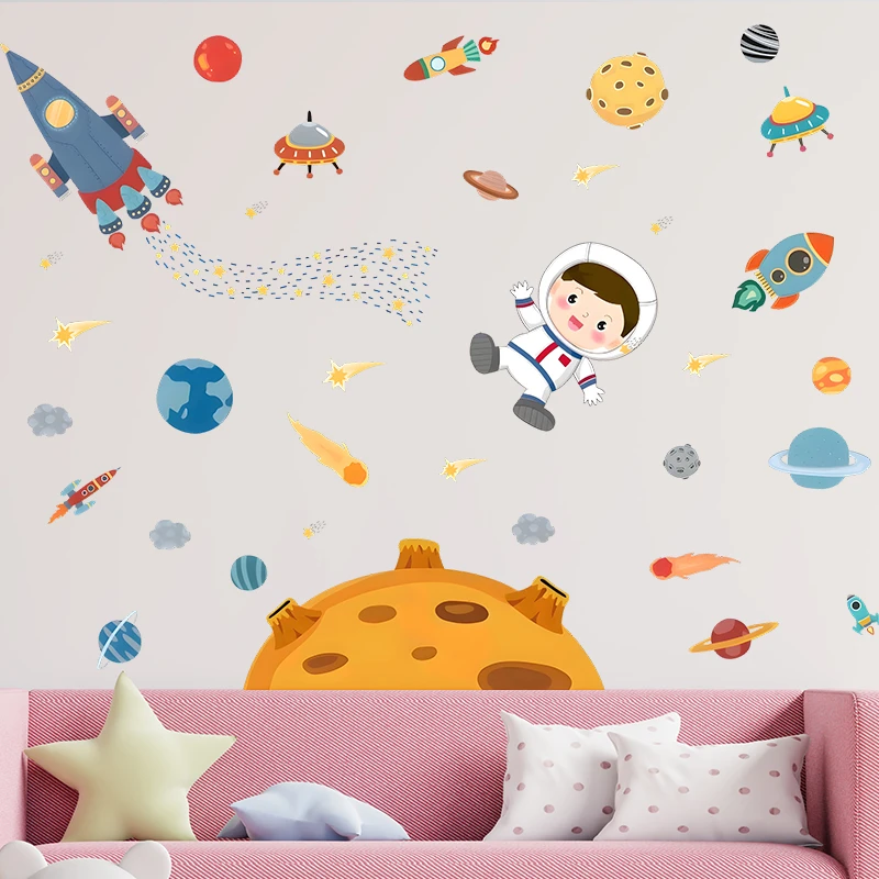 Rocket Starship Planet Astronaut Wall Stickers For Kids Bedroom Home Decor Cartoon Mural Art Pvc Decal Space Poster