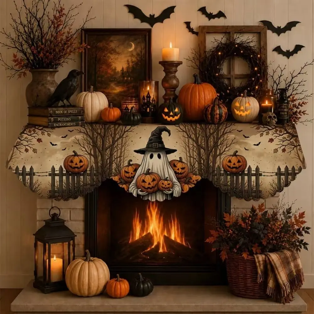 Scalloped Edge Halloween Mantel Scarf Haunted House Autumn Pattern Fireplace Shelf Cover Pumpkin Theme Cute Ghost