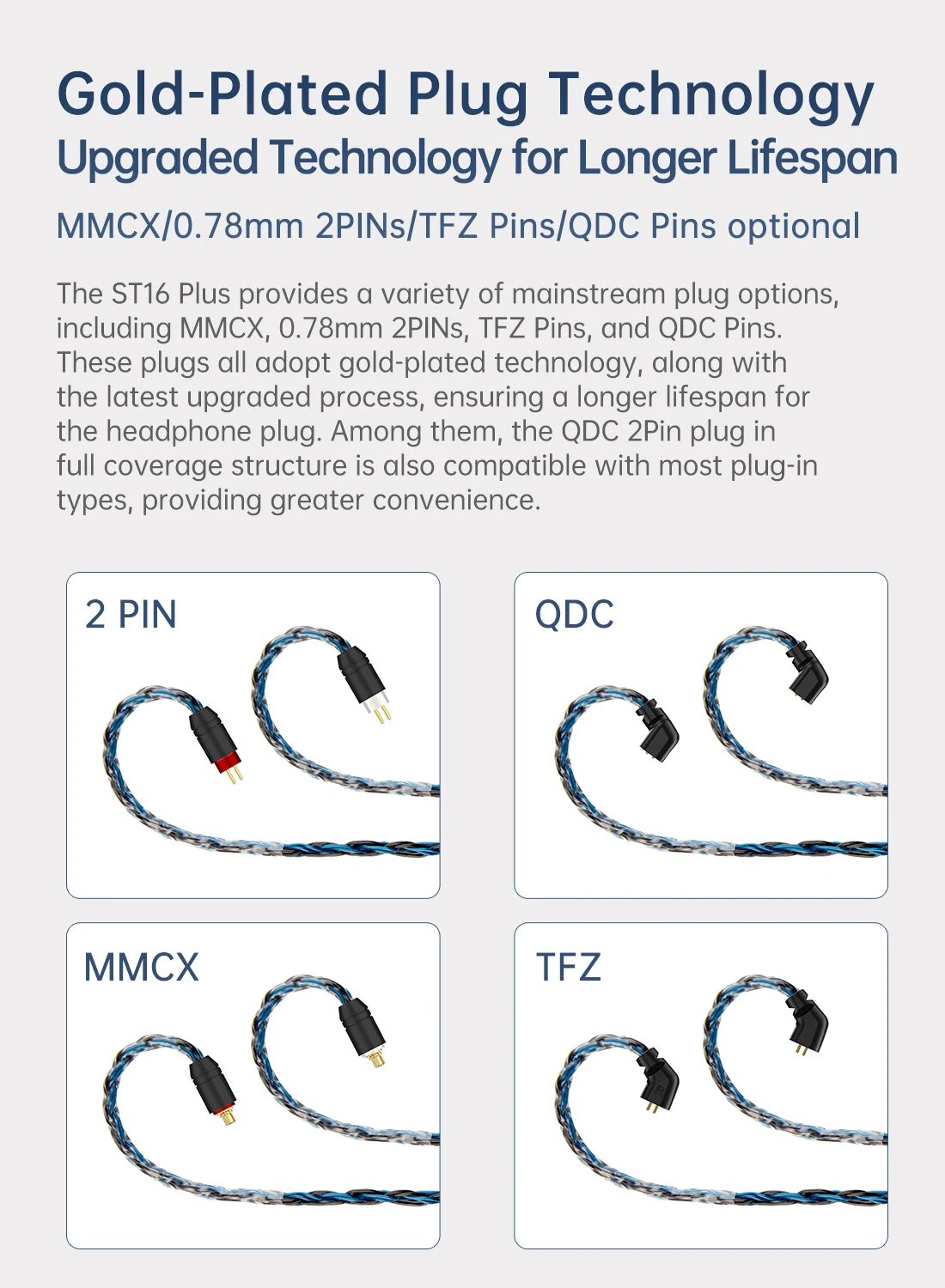 KBEAR ST16 Plus Kristall 16 Kerne 2M Lange Upgrade Kabel 2PIN/QDC/MMCX/TFZ Ohrhörer Stecker für KZ ZSN PRO Kopfhörer HIFI Headset – Detail 5