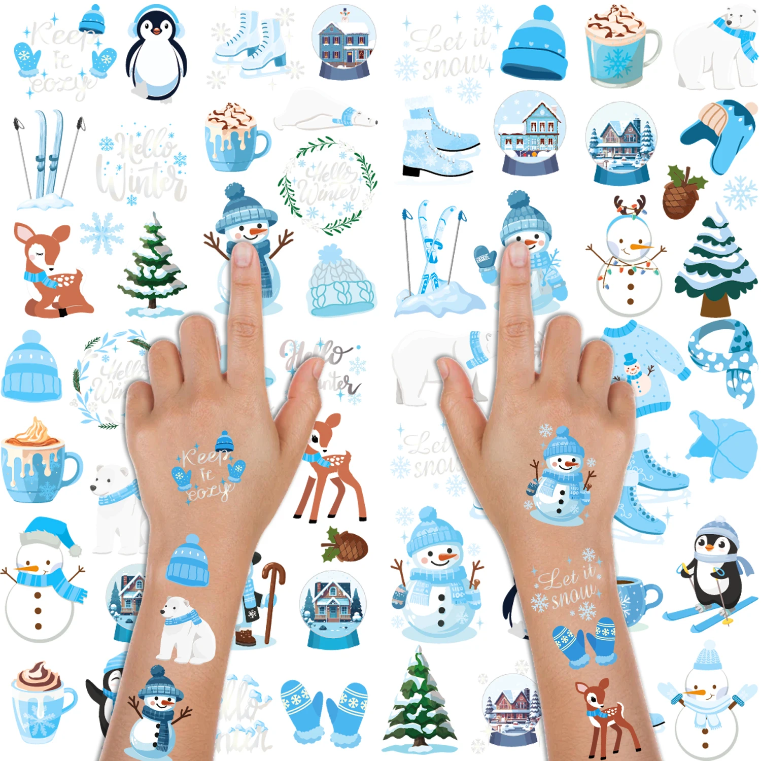 Temporäre Tattoos für Polartiere. Cartoon-Eisbären, Pinguine, Schneemänner und Weihnachten im Winter.