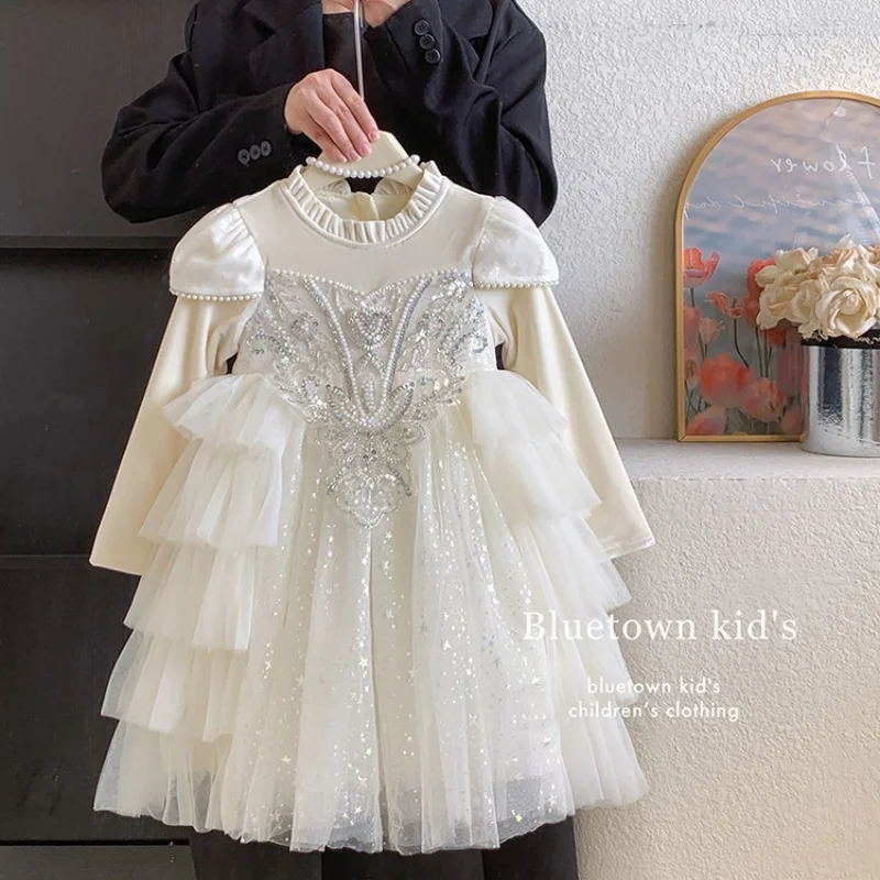 

Winter Warm Kids Baby Birthday Gift 3-10 Years Girls Baby Ball Gown Long Sleeve Princess Party Piano Dress Plus Velvet Outfit