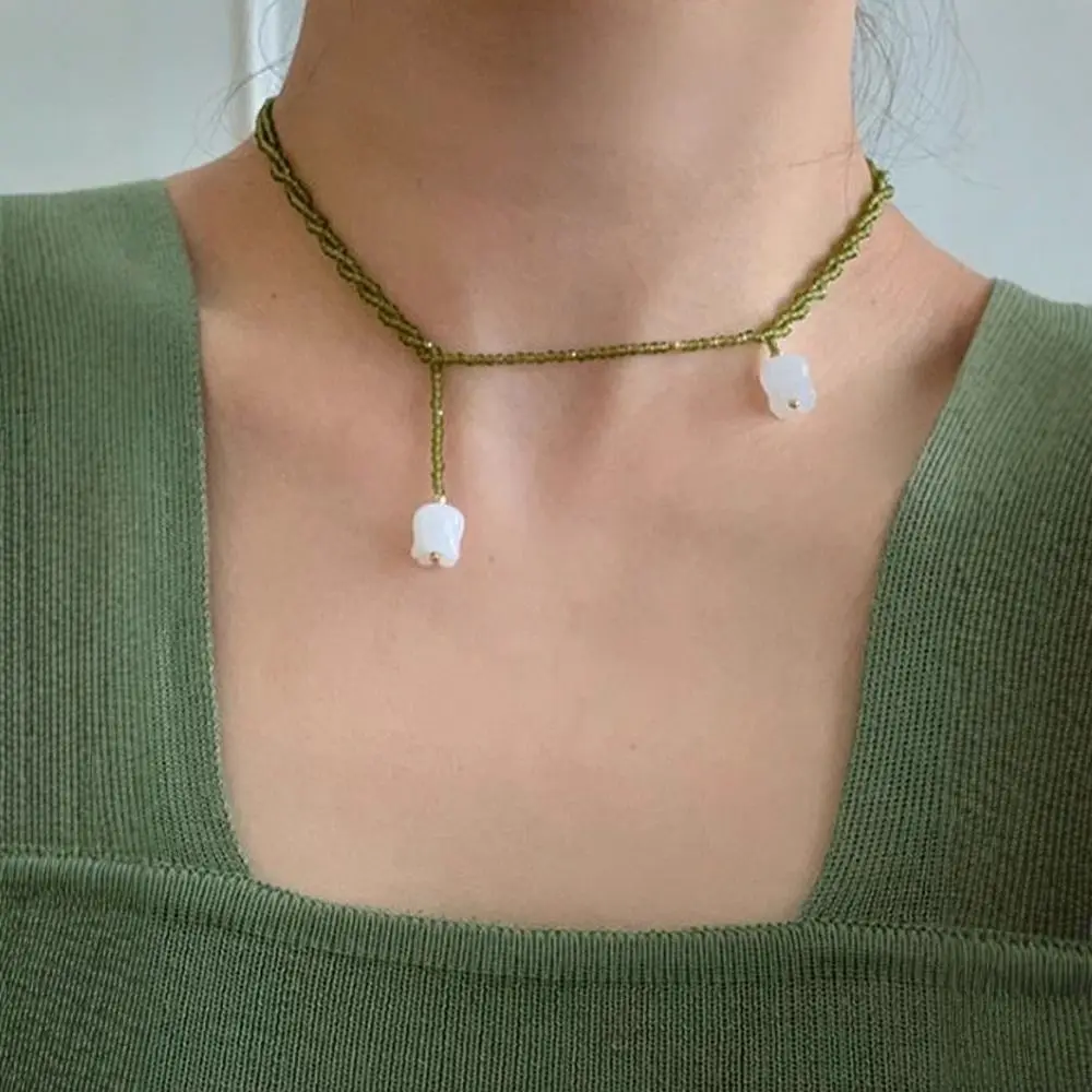 New Lily of The Valley Beads Crystal Pearl Pendant Necklaces Green Sweater Chains Gifts