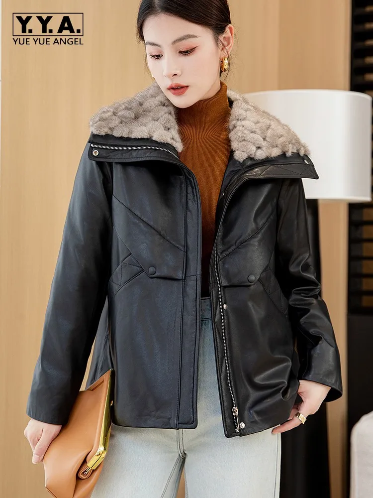 Piumino invernale da donna in vera pelle, collo in pelliccia di visone di lusso, cerniera, capispalla casual caldo, giacca da donna in pelle di pecora streetwear