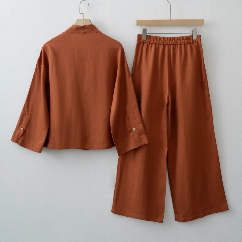 Women's Linen Two-Piece Set: Kimono Wrap Top & Wide-Leg Pants
