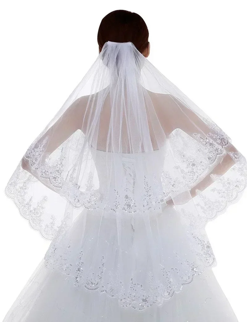 Two Tiered Wedding Comb Finger Length Applique Sequins Edge Long Luxury Bridal Lace Veil  Véu De Noiva