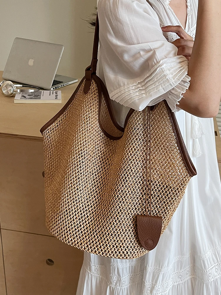 

Summer Faion Lazy Sle Women's Large Capaci Woven Tote Bag Commuter Bag Casual Korean Soft Polyester Zipper Closure