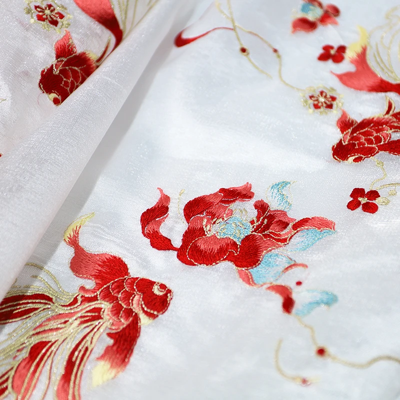 1m Chinese Classical Style Embroidered Hanfu Fabric Chiffon Thin Tulle Fabric for DIY Ancient Costumes Skirt Wedding Dress Cloth