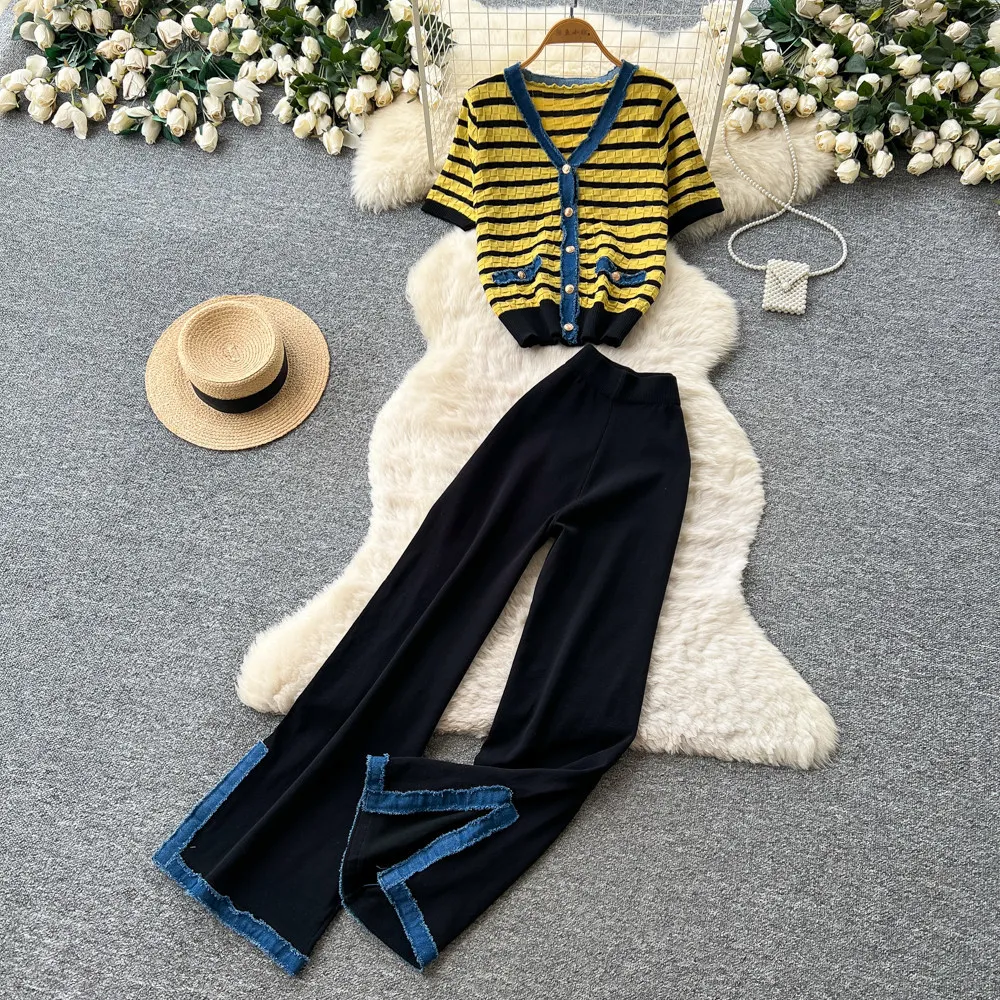 

Pant Set Women Two Piece Sets V Neck Short Denim Striped Top Wide Leg Long Pants Elastic Waist Y2k Streetwear Elegant Slim Fit