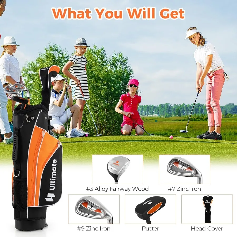 Przenośny zestaw golfowy dla młodzieży dla praworęcznych zawiera 3 fairway wood, żelazka 7 i 9, putter i torbę golfową z podstawką, idealny do nauki grających w golfa.