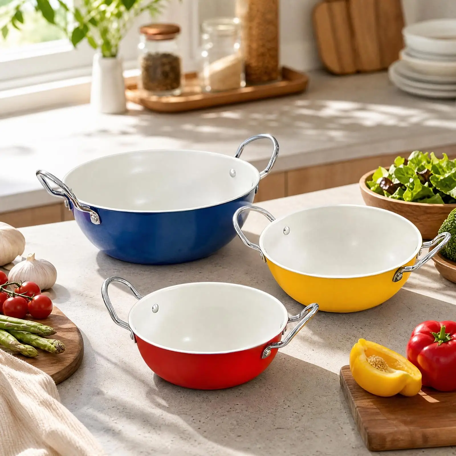 3PC Kitchen Mixing Bowl Cast Iron Cookware Set with Glossy Exterior Stainless Steel Handles and Ceramic Nonstick Surface for