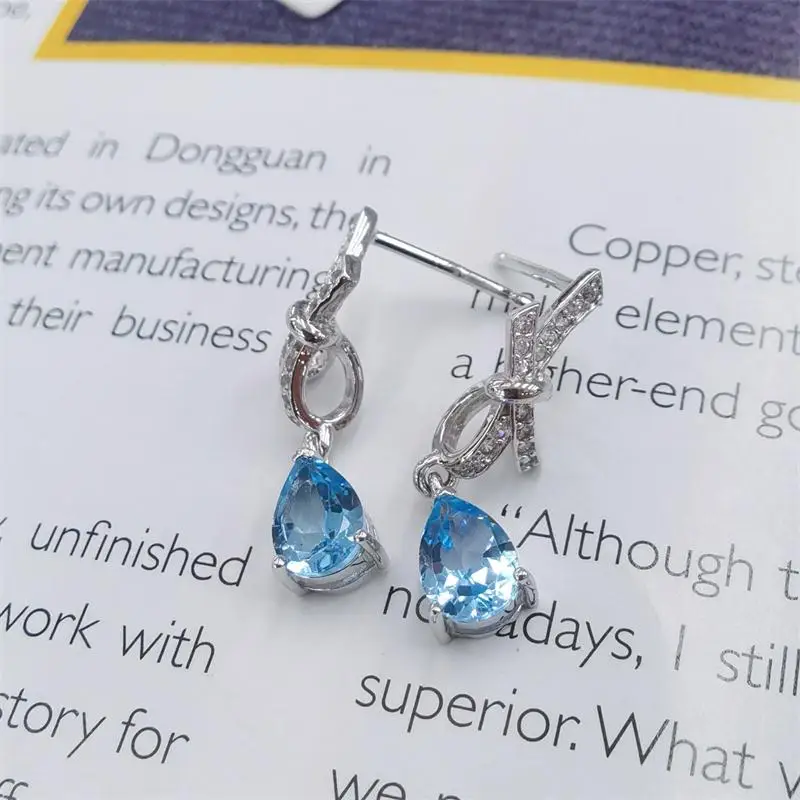 

ZECAA Topaz Fine Jewelry Woman Topaz Drop Earrings With Natural Switzerland Blue Topaz Gemstone 5*7mm Lady Topaz Drop Earrings