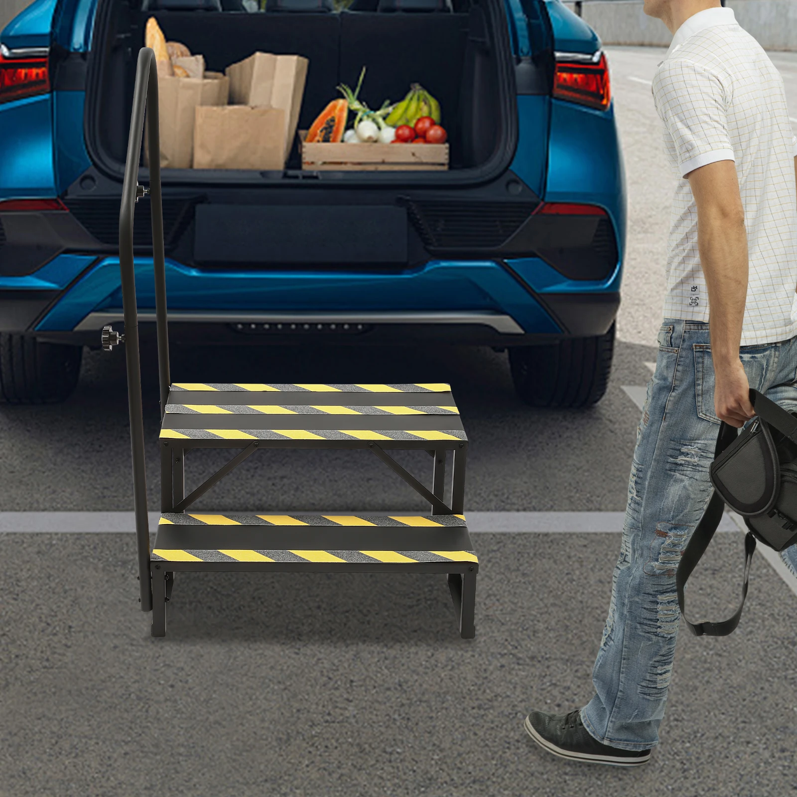 سلم RV بخطوتين من الفولاذ، سعة تحميل 204 كجم للاستخدام الداخلي والخارجي لشاحنة التخييم