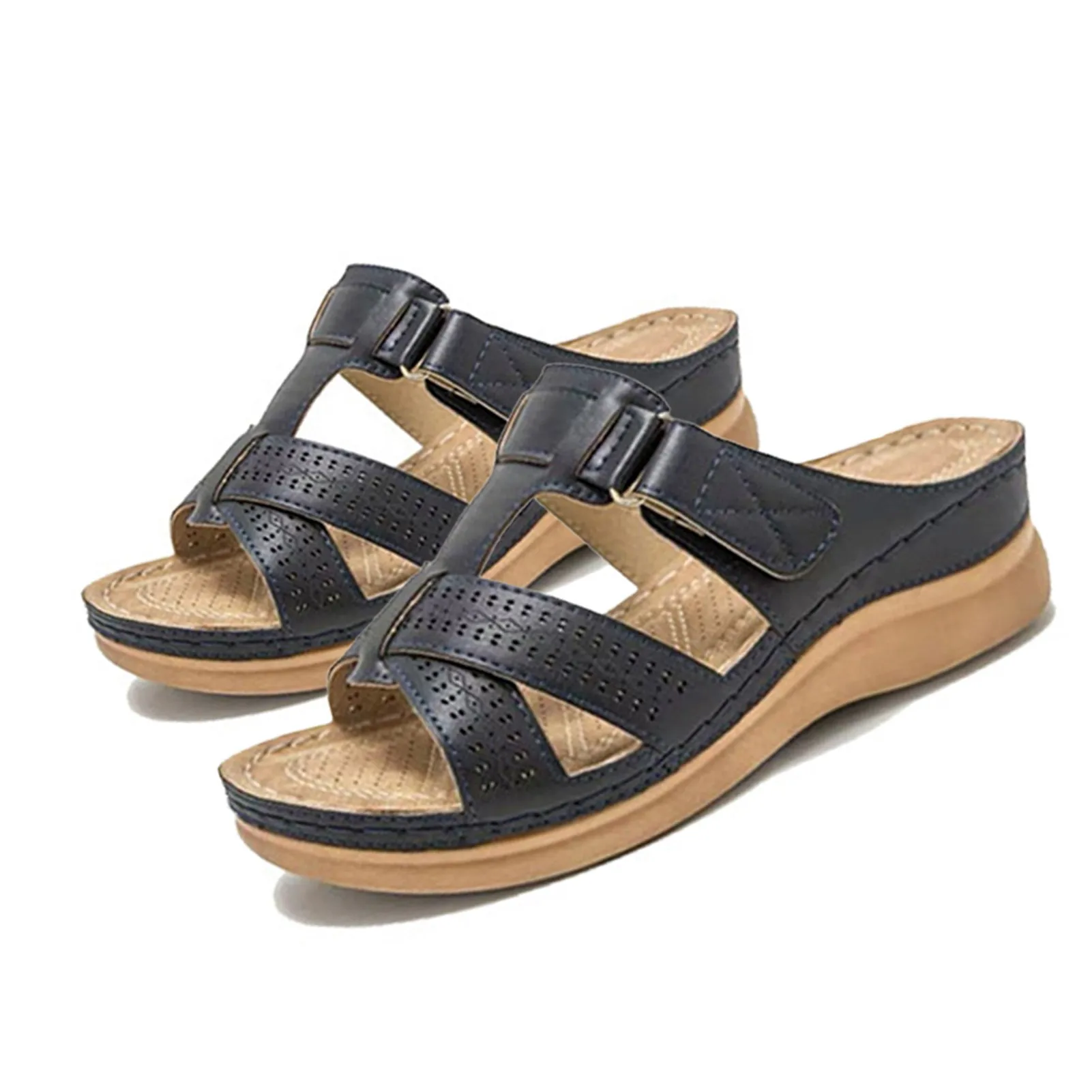 صنادل نسائية كلاسيكية ذات نعل سميك سهلة الارتداء عند أصابع مفتوحة، صنادل جلدية مريحة للمشي على الشاطئ مع دعم قوس للصيف