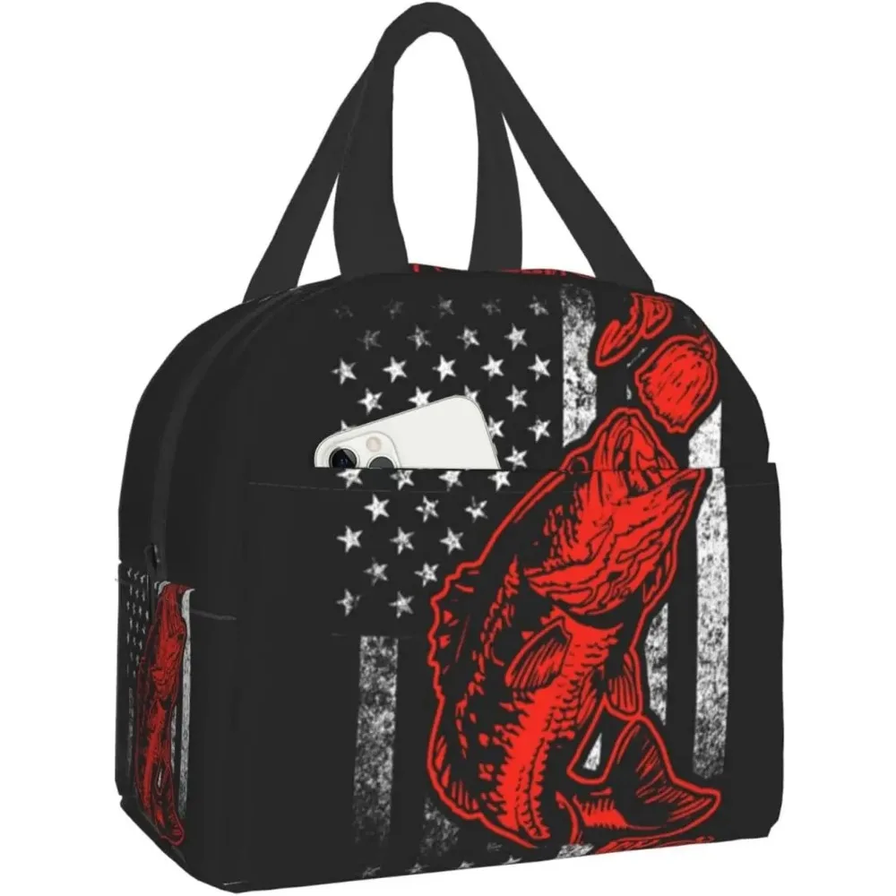 

Bass Fishing Lure and American Flag Lunch Bag Box Tote Organizer Lunch Container Insulated Cooler Handbag for School Office