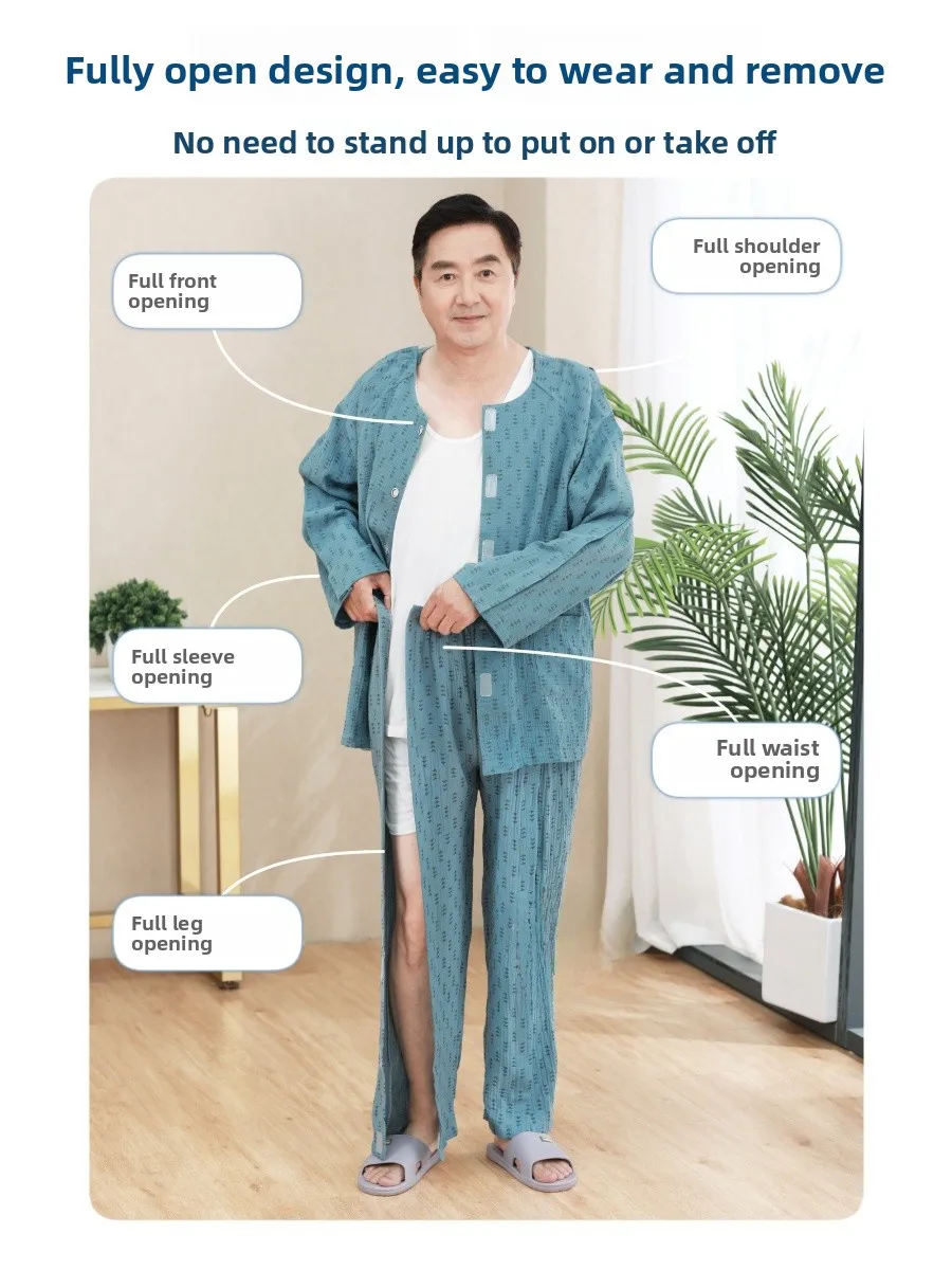 순면 착용 및 탈착이 쉬운 간병인 유니폼 수술 후 골절 환자 침대에 누워있는 뇌졸중 환자 노인 병원 가운
