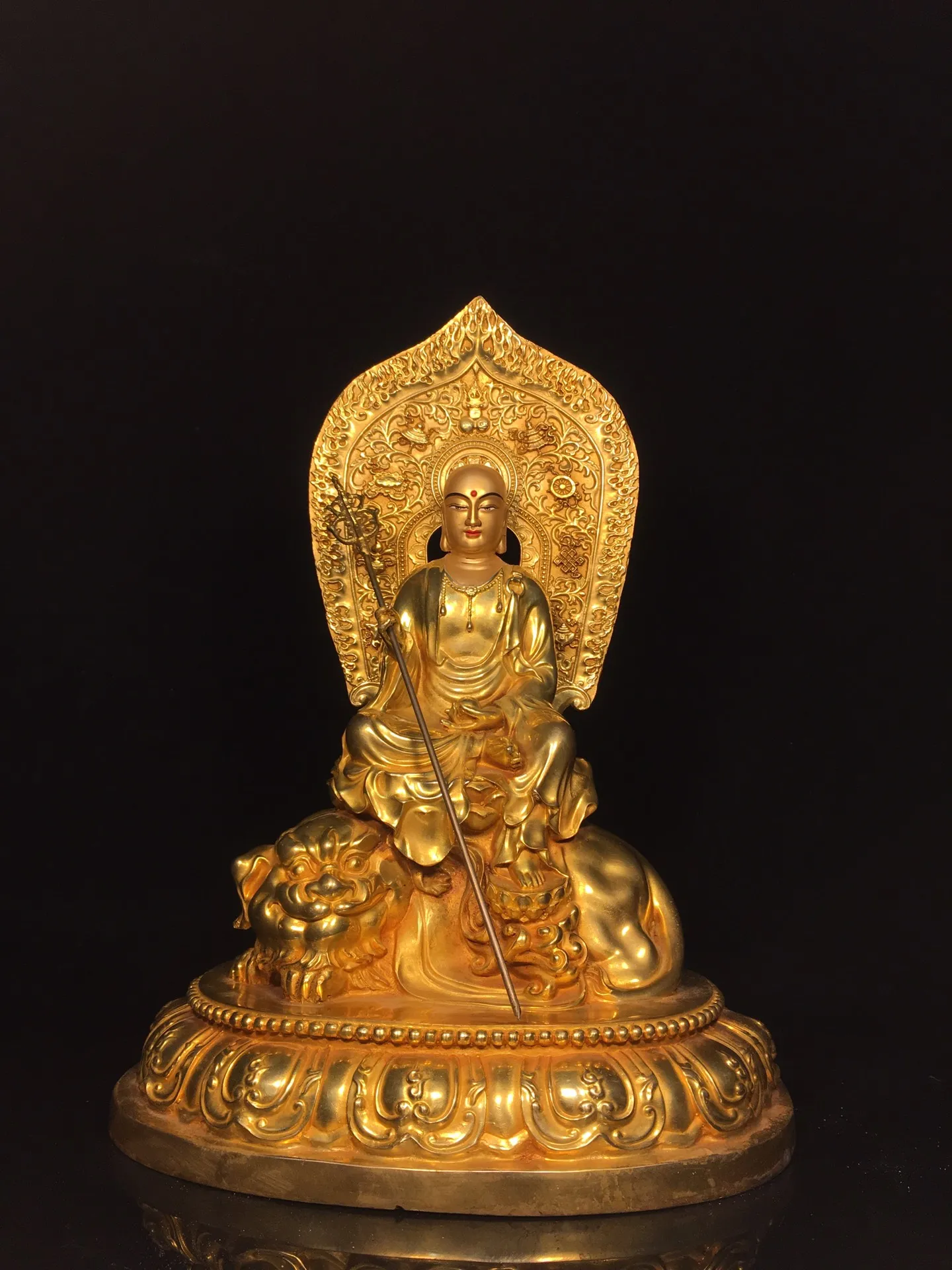 

16"Tibetan Temple Collection Old Bronze Gilded Cinnabar Ksitigarbha Bodhisattva Station Buddha Lotus Terrace Worship Hall