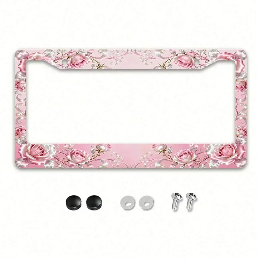 Single-Piece Metal License Plate Frame, Decorated With Roses And Pearls, Enhances The Romantic And Elegant Atmosphere Of Your