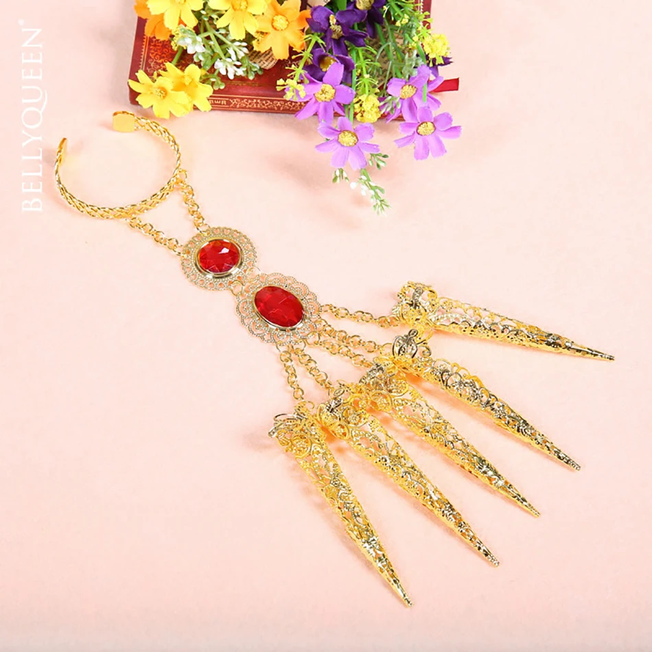 เครื่องประดับแหวนใส่นิ้วเล็บนิ้วทองแบบอุปกรณ์ประกอบการเต้นเล็บยาวสีทองโชว์เล็บยาวอัญมณีอินเดียเครื่องประดับมือสำหรับเต้นรำ