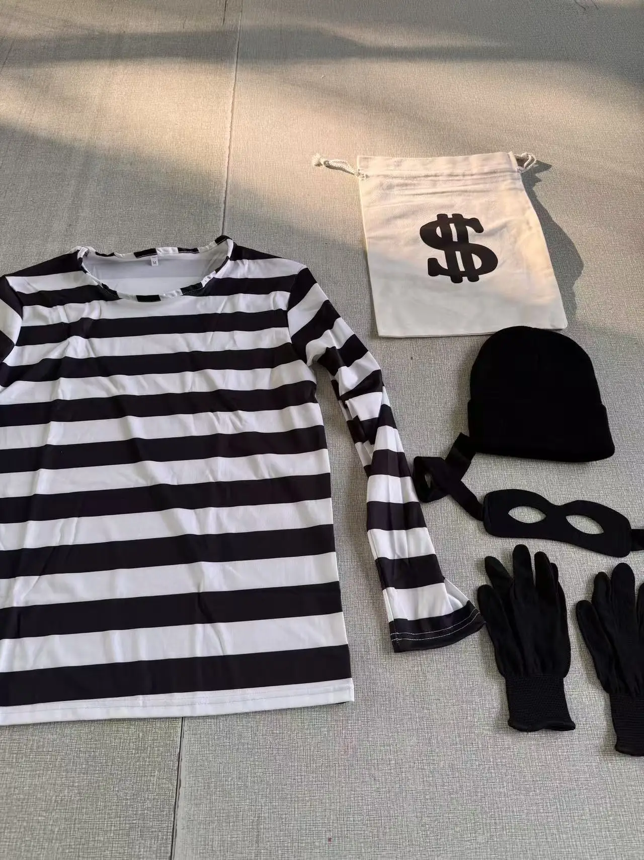 الكبار اللص تأثيري حلي لجميع القديسين بأكمام طويلة تي شيرت مخطط حقيبة قماش قنب قفازات قناع عين محبوك قبعة الزي للحزب