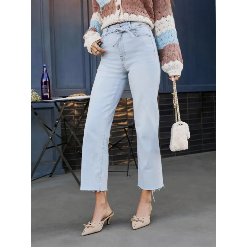 2026 High Waist Strap Washed Straight Leg Jeans for Women Fashion Casual Style