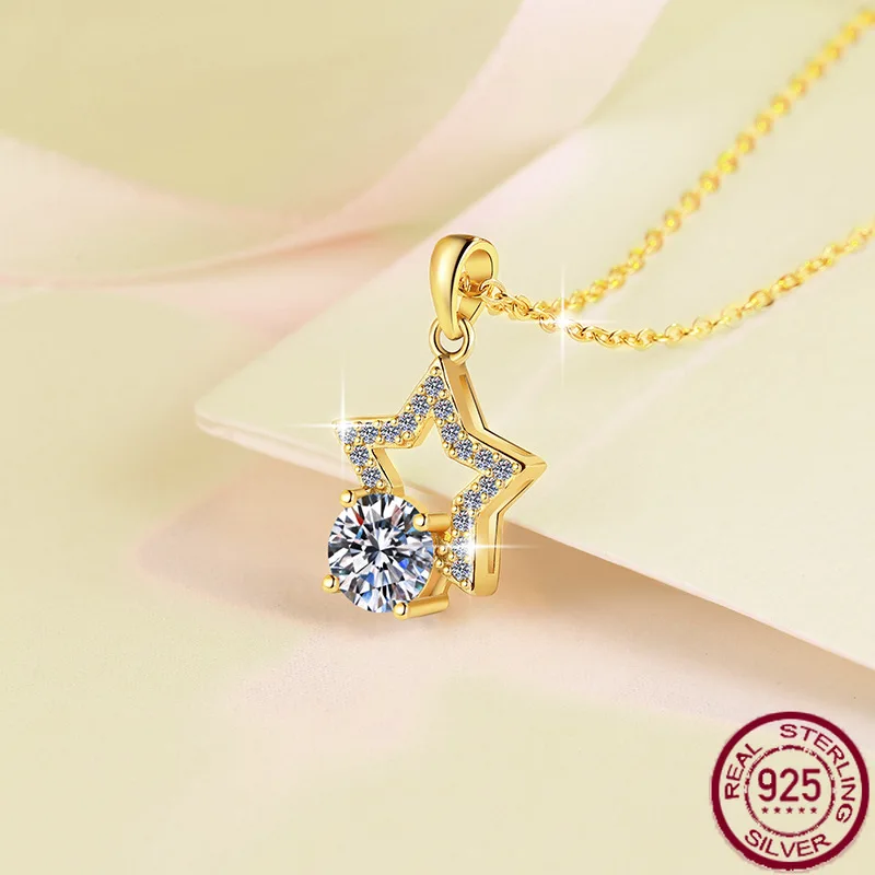 

New S925 pure silver fashion plated 18K gold five-pointed star shape male left female right pendant moissanite necklace wedding
