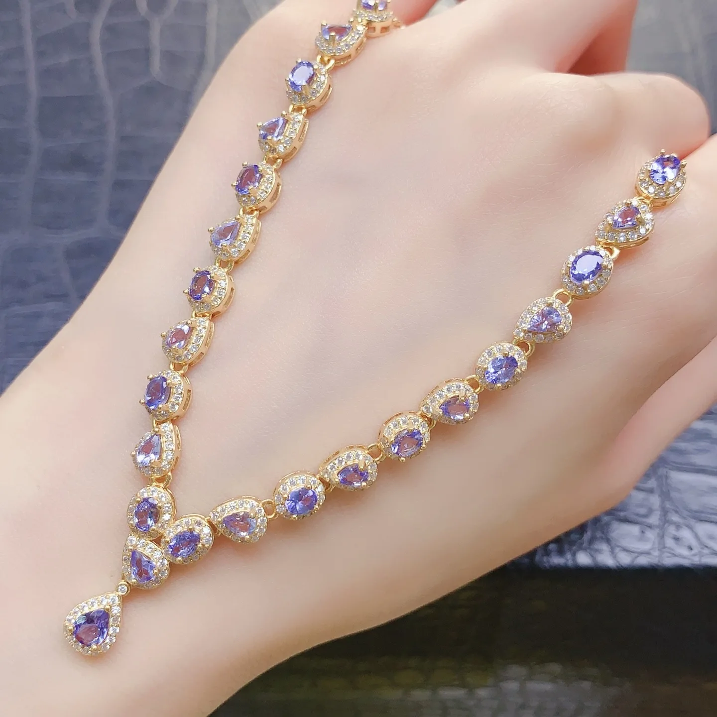 Natural Tanzanite V‑Shape Necklace,S925 Gold‑Plated Silver Inlay 3*4mm+4*5mm Main Stone,Halo‑Set Gem Necklace for Women