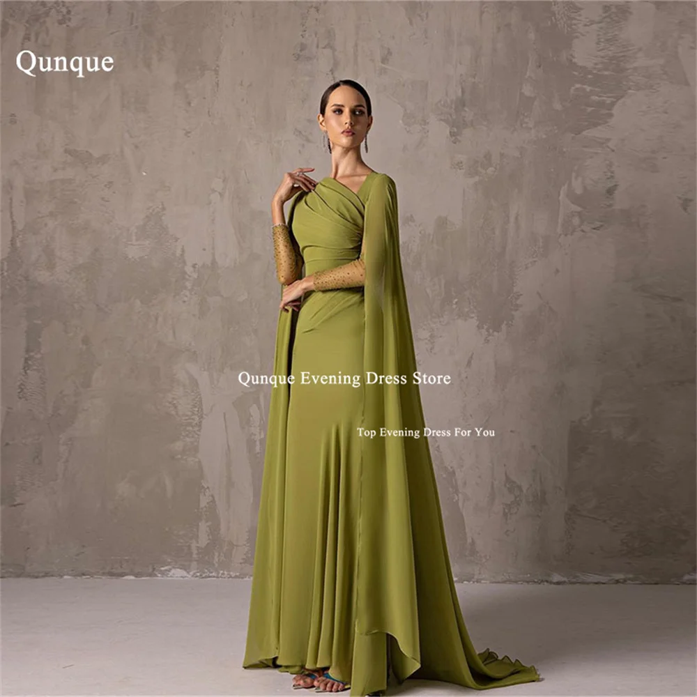 

Qunque Dubai Arabic Women Evening Dress Chiffon Long Sleeves Beadings Cape Luxury Formal Prom Gowns Customized Vestidos De Gala