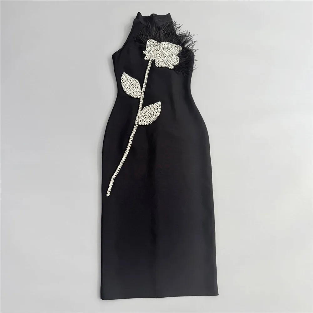 Women Sexy Beading Backless Bandage Dress Fashion Feathers Sleeveless Clothes Celebrity Party Midi Dresses