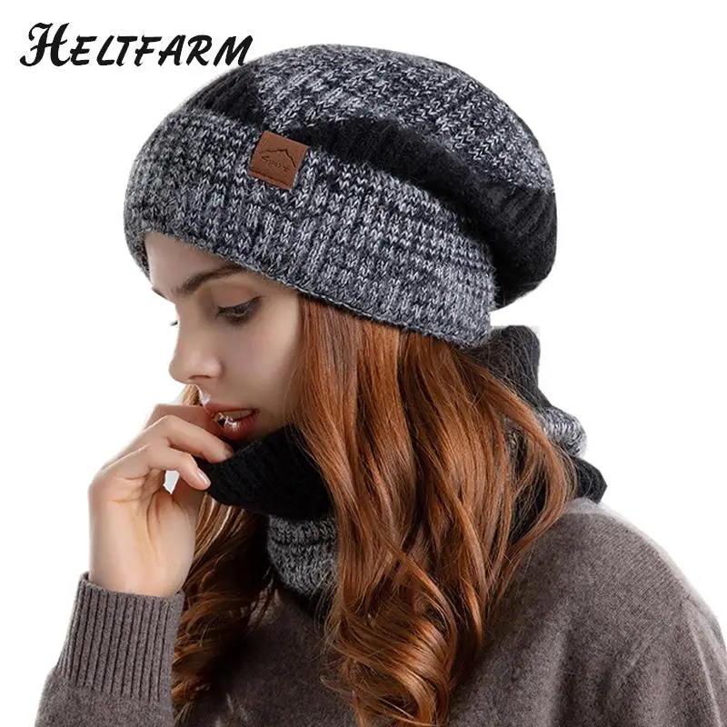 Winter Hat & Scarf Women\'s Two Tone Fashionable Ear Protection Beanie Hat Plush Neck Warmer Scarf Set