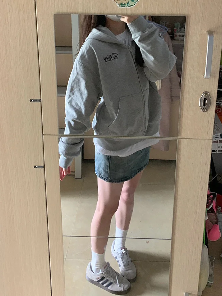 미국식 후드 지퍼 스웨트셔츠 여성용 봄 가을 겨울 루즈 디자인 아우터웨어 패션 레트로 스타일 긴 소매