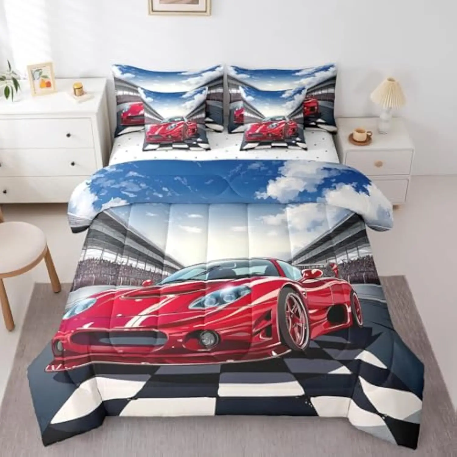 

Racing Car Queen Comforter Set - 7 Pieces Reversible Comforters Queen Size Bed Set Bed in a Bag with Comforter,Red Sports Car