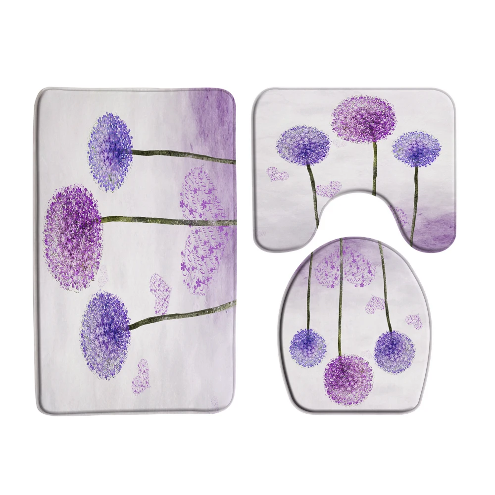 Dandelion Fabric Shower Curtain Purple Flower Bathroom Curtains Set Anti-skid Rugs Toilet Lid Cover Bath Mat Home Decor