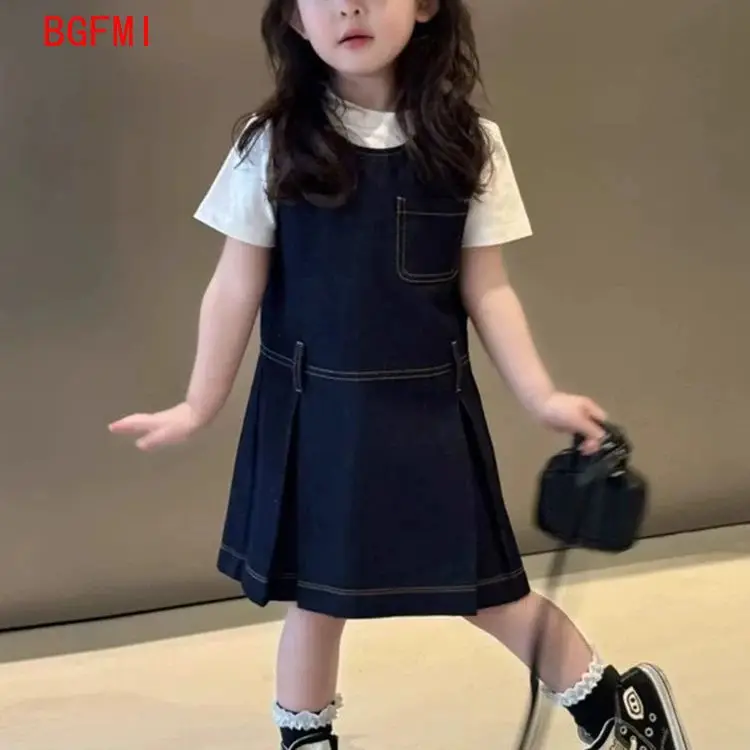 2-10Y Girls' Summer Deep Blue Sleeveless Knee-length Dress 2026 New Children's Retro Blue Denim Vest Dress Baby Casual Dresses