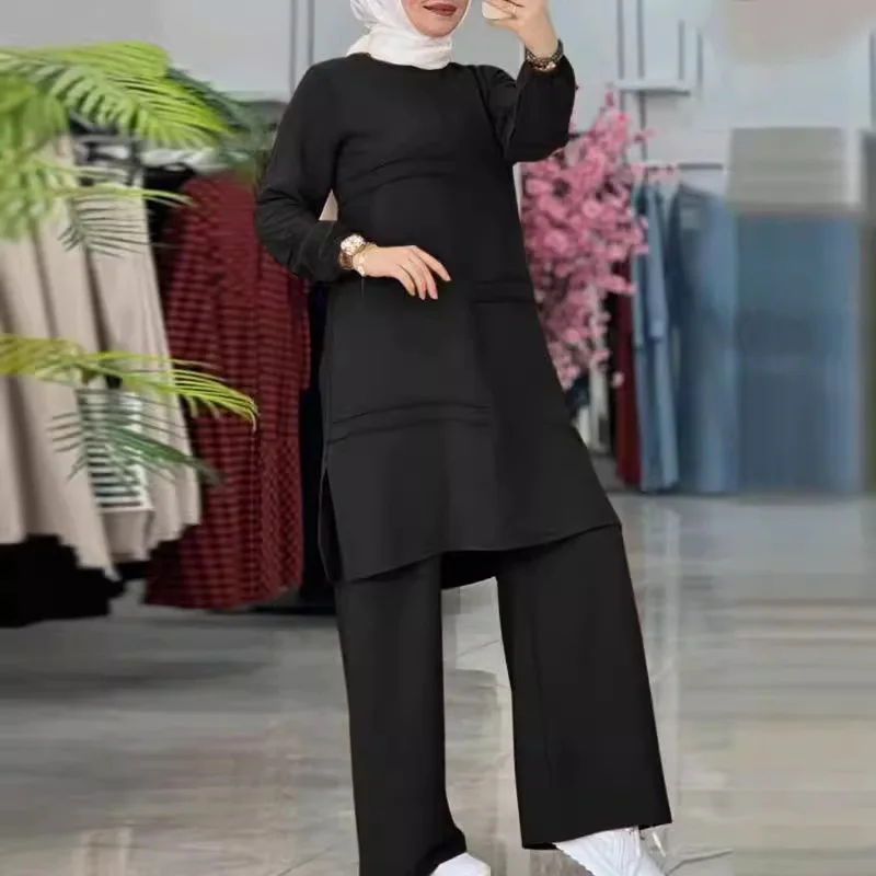 2024 Muslim women's sportswear with parallel bars,  elegant temperament, solid color, long sleeved shirt, wide leg pants set