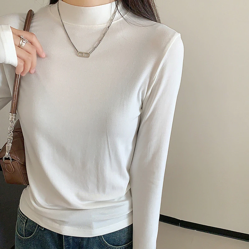 Einfarbig Halb Hohen Kragen Stricken Pullover Frauen Herbst Winter Bodenbildung Langarm T-shirt Frau Alle Spiel Grundlegende Jumper Mujer