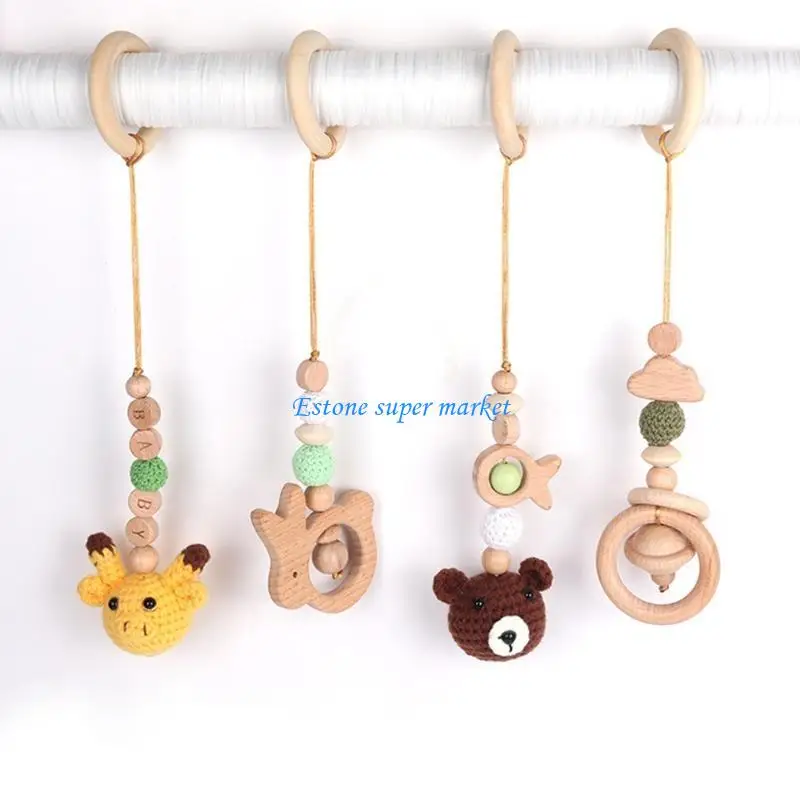 090B 4 Pcs/Set Baby Gym Frame Pendants Crochet Rattle Wooden Teether Infant Newborn Teething Nursing Shower Gifts