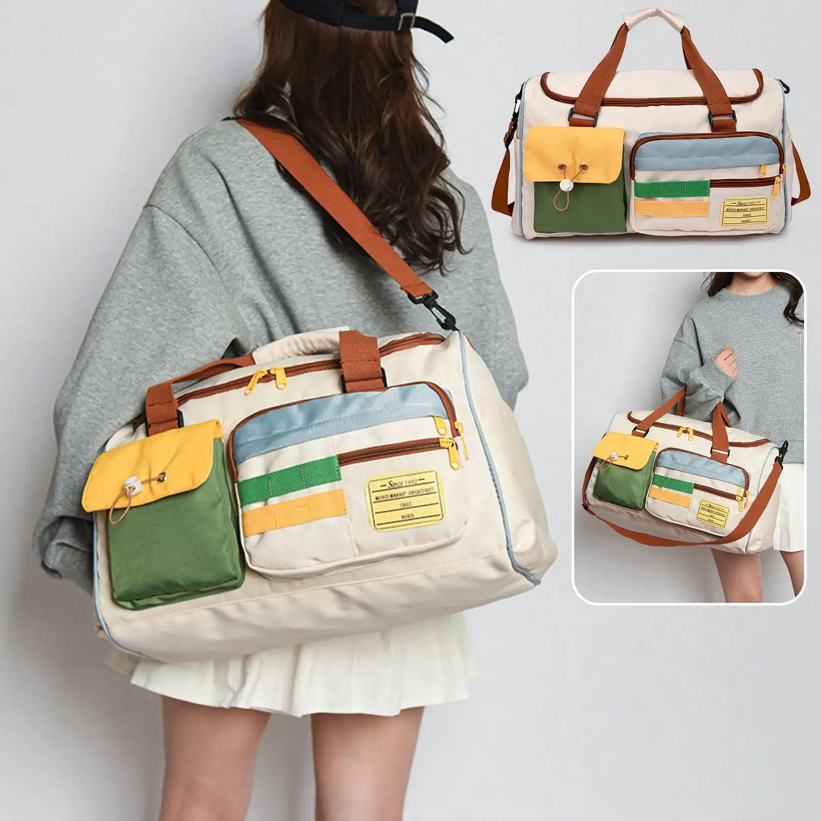 

A Set Of Campus Style Luggage, Lightweight, Foldable, Large Capacity, Front Multi Pocket Design With Contrasting Colors