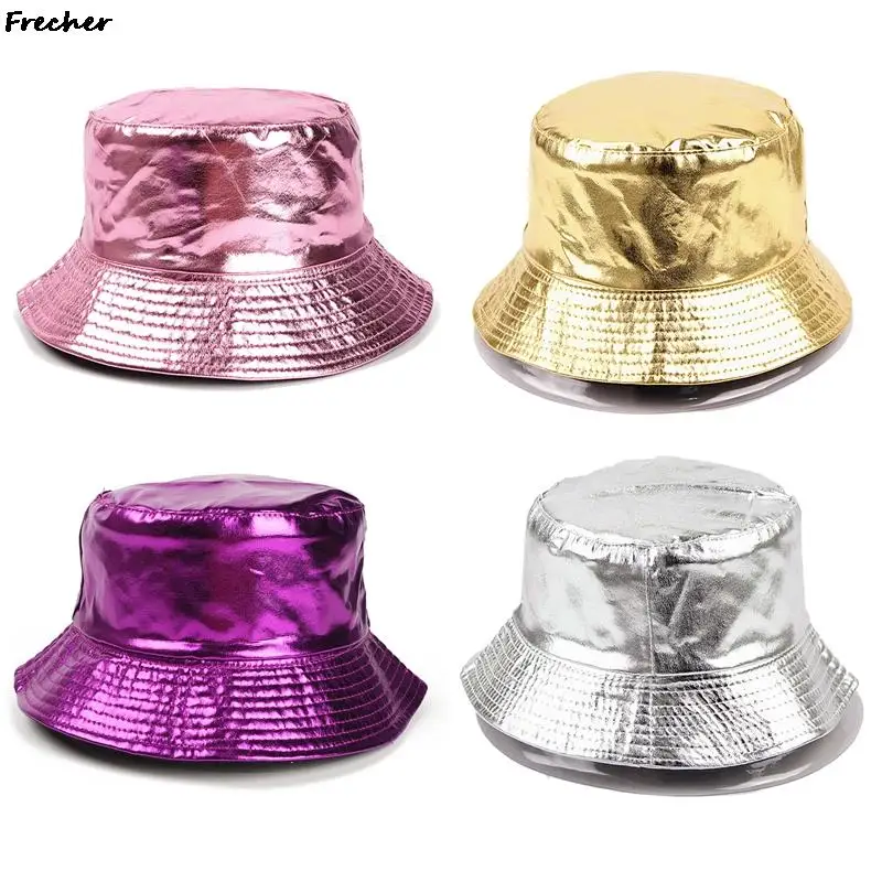 Bright Leather Bucket Hats Performance Dance Chapeau Street Hip Hop Sun Hat for Women Men Fashion Club Party Beanies Flat Tops