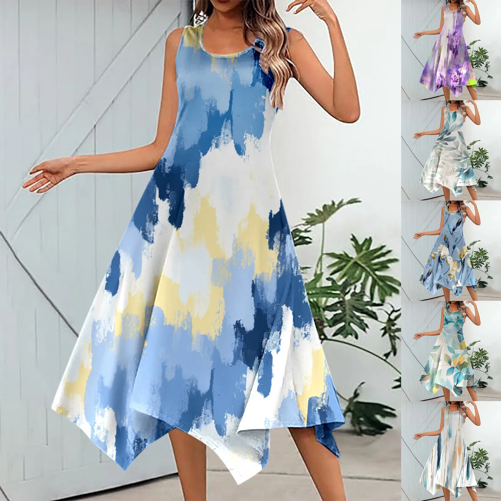 Neues Sommerkleid Frauen ärmelloses Taschentuch Saum Kleid Retro Blumen druck Midi Tank Kleid lässig Urlaubs kleid mit Taschen