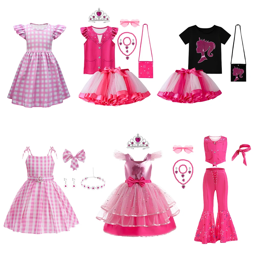 

Carnival Girls Pink Plaid Dress Sets Barbi Movie Costume Starry Vest Top Pants Scarf Suit For Kids Girls Birthday Party Dress