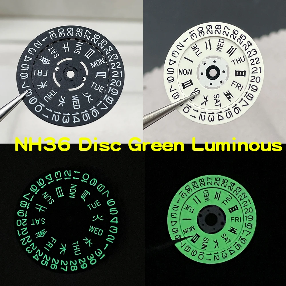 

NH36 Black Disc Datewheel C3 Green Luminous Crown at 3.8/3.0 O'clock Suit for MOD/SKX007 009 Replacement Day/Date Parts Repair