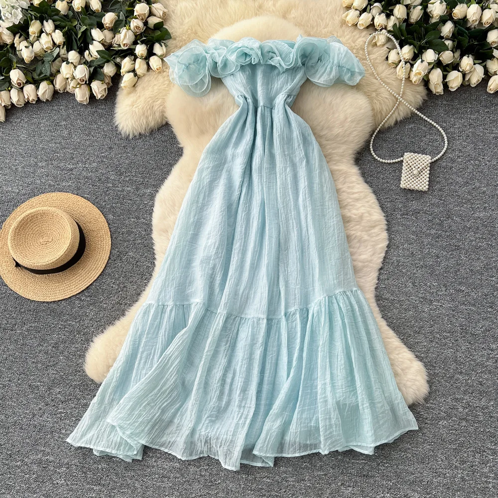 

Women Dresses White Dress Pleated 3D Lace Slash Neck Sleeveless Cinched Empire Waist Ankle Length Loose Fit Casual 2025 Autumn