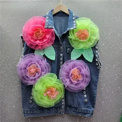 Beaded Flower Decoration Fashion Diamond Blue Short Denim Vest Women Autumn Casual Turndown Collar Sleeveless Cowboy Waistcoat