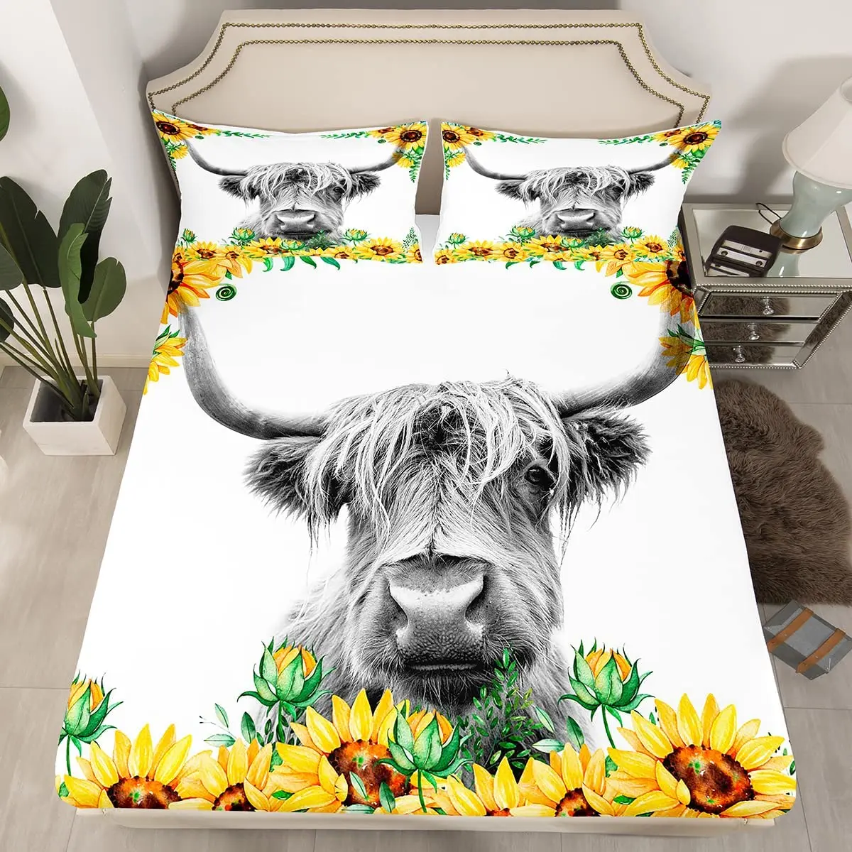 Highland Cow Fitted Sheet,Bull Cattle Bedding Set Yellow Sunflower Print Fitted Bed Sheets Western Farmhouse Theme Cow Bed Decor