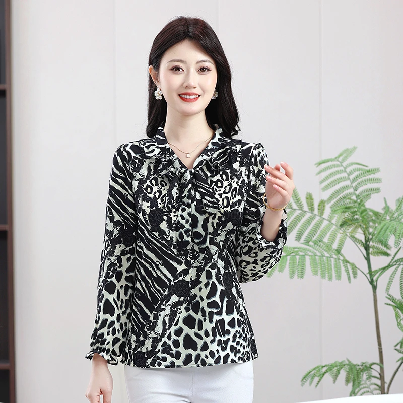 جديد الخريف طويلة الأكمام المرأة بلوزة عادية موضة القوس الكشكشة طباعة بلوزة شيفون قميص المرأة بلايز Blusa Mujer