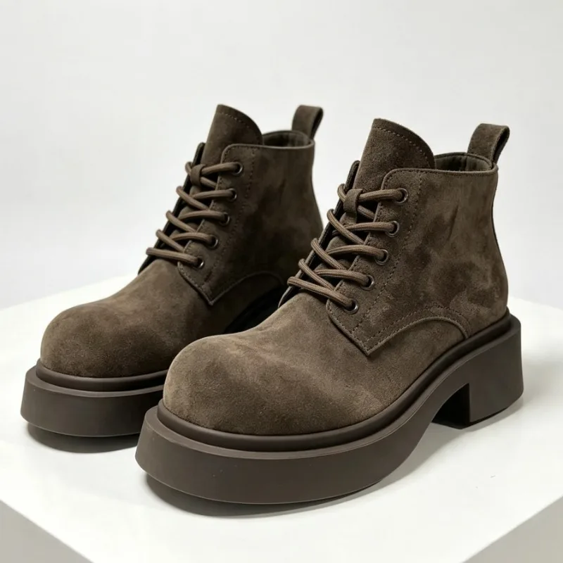 Concise Splicing Faux Suede Platform Ankle Boots Women Fashion Round Toe Front Lace Up Detail Chunky Heel Boots Zapatos Mujer