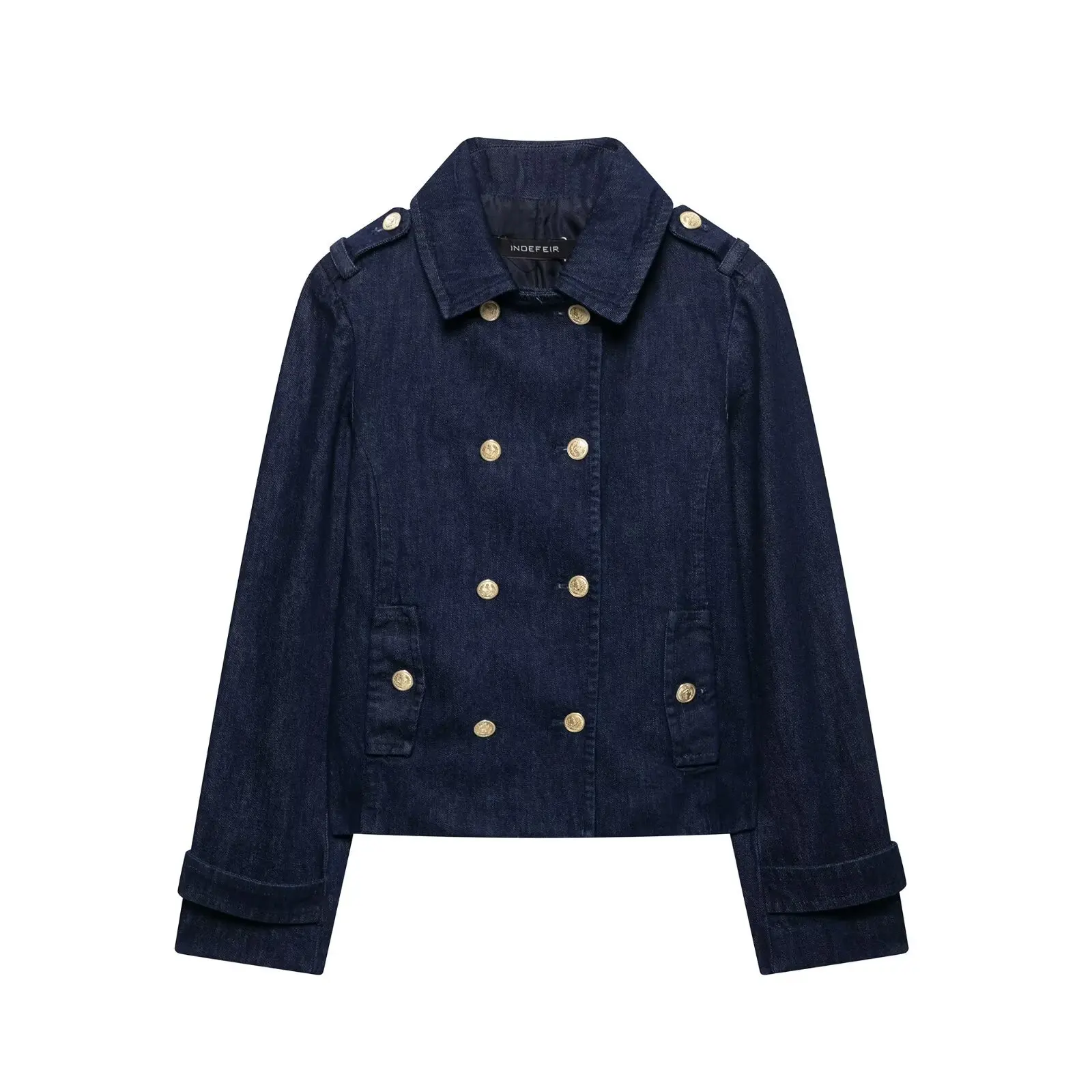 

Women's European And American Style Spring Fashion Casual Button Decorated Lapel Double-Breasted Denim Jacket D6270374