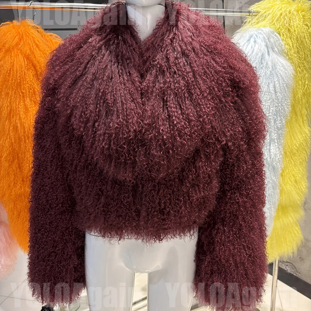 YOLOAgain 2025 Autumn Winter Warm Turn-Down Collar Real Mongolia Sheep Fur Jacket Coat Women Short Black Sheep Fur Jacket Female