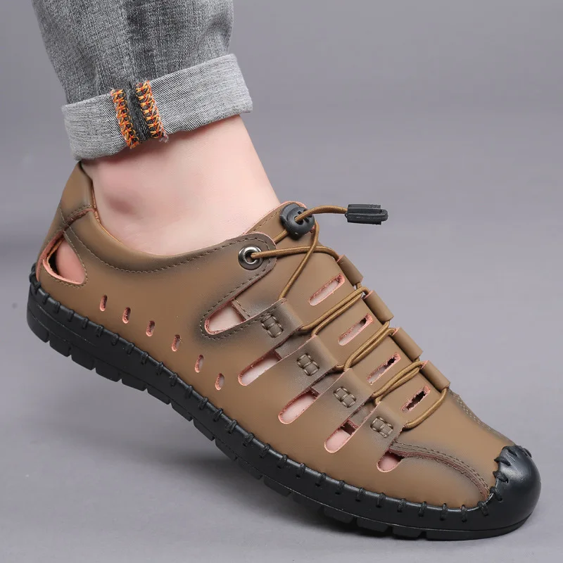 

New Summer Sandals Genuine Leather Casual Fashionable Versatile Hollow Out Baotou Breathable Hole Men Running Shoes Soft Sneaker