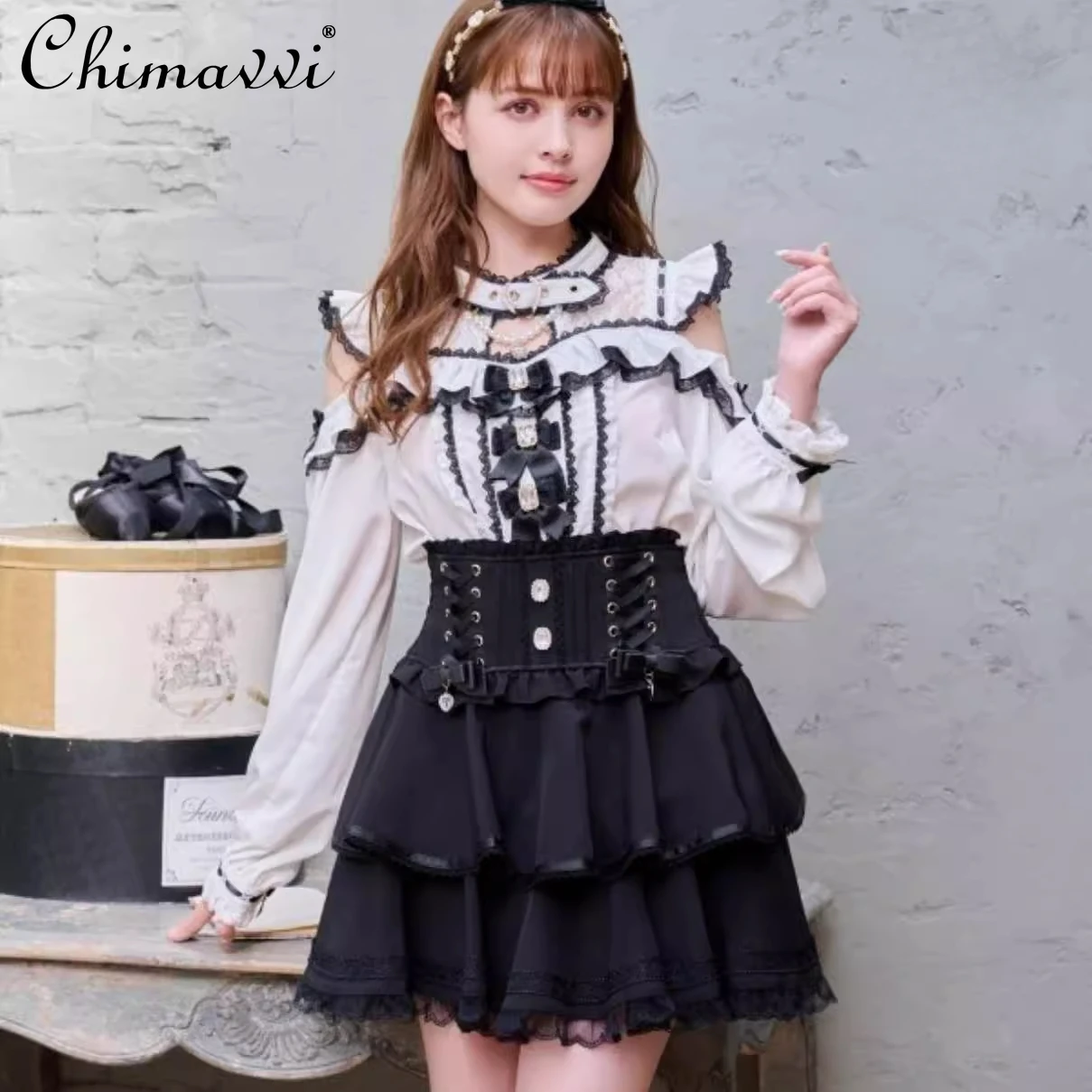 Japanese New Cute Collar Bow Shirt 2025 Spring New Sweet Lolita Off-the-shoulder Long-sleeved Y2k Liz Blouse Women Tops Mujer